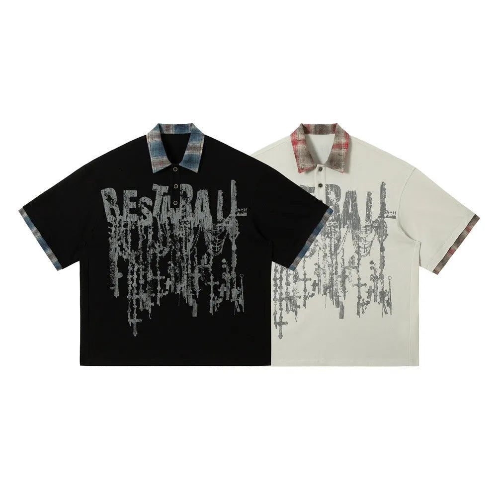 Men's loose blue cotton short-sleeve top with asymmetric cut and graffiti print on lapel.