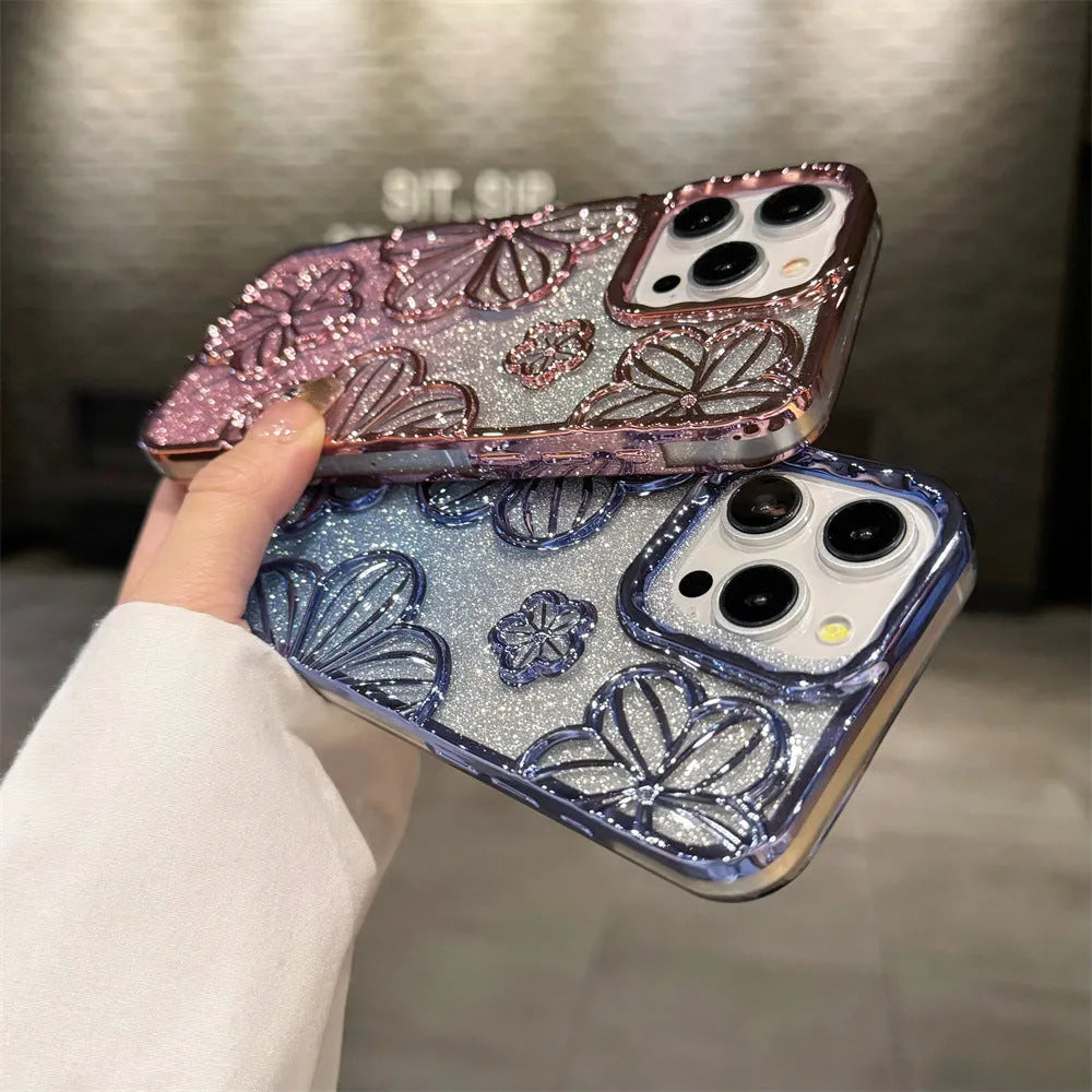 Electroplating glitter flower phone case soft TPU shell for Apple iPhone silver background