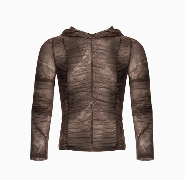 Boy wearing a lightweight ice silk printing pleating bottoming shirt in picture colour.