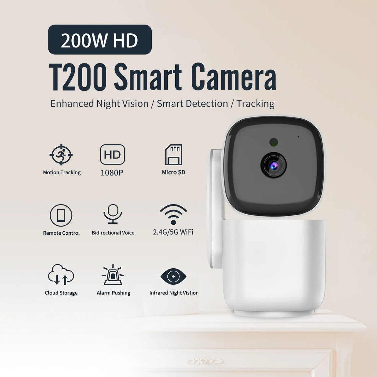 White PTZ home camera with 1080P clarity, night vision, WiFi, and screw fixed bracket for indoor monitoring