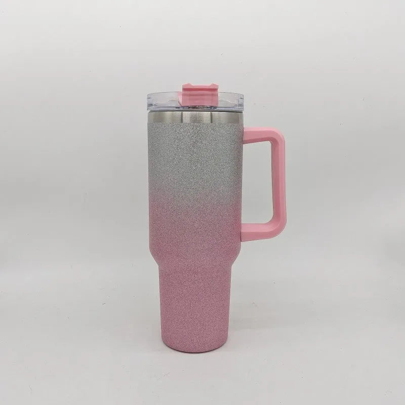 Stainless steel vacuum insulation cup in rainbow gradient colours showing double-layer construction