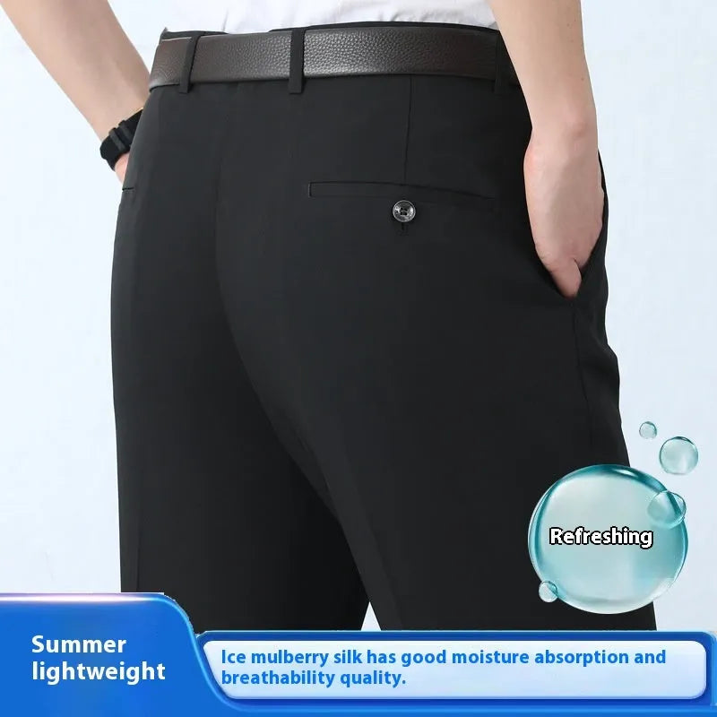 Men's straight cut business trousers in mulberry silk blend fabric with high waist design