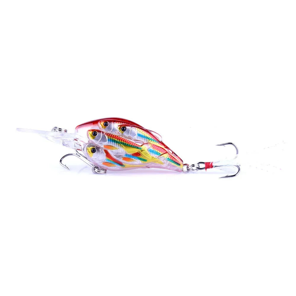 Set of nine multi-colour ABS plastic hard bait fishing lures with feather hooks.