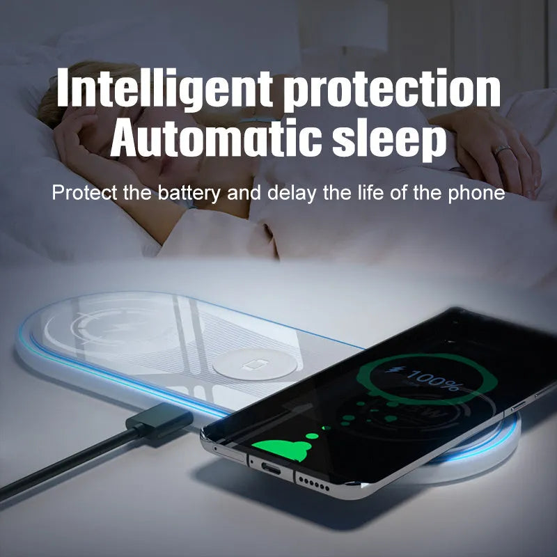 Flat white 3-in-1 wireless charger with ambient light charging a smartphone