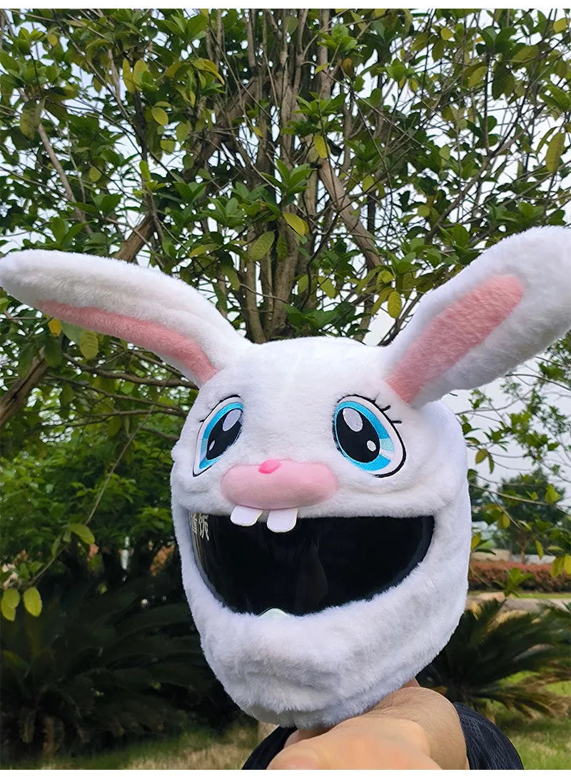 White rabbit head plush helmet cover for electric motorcycle with long ears