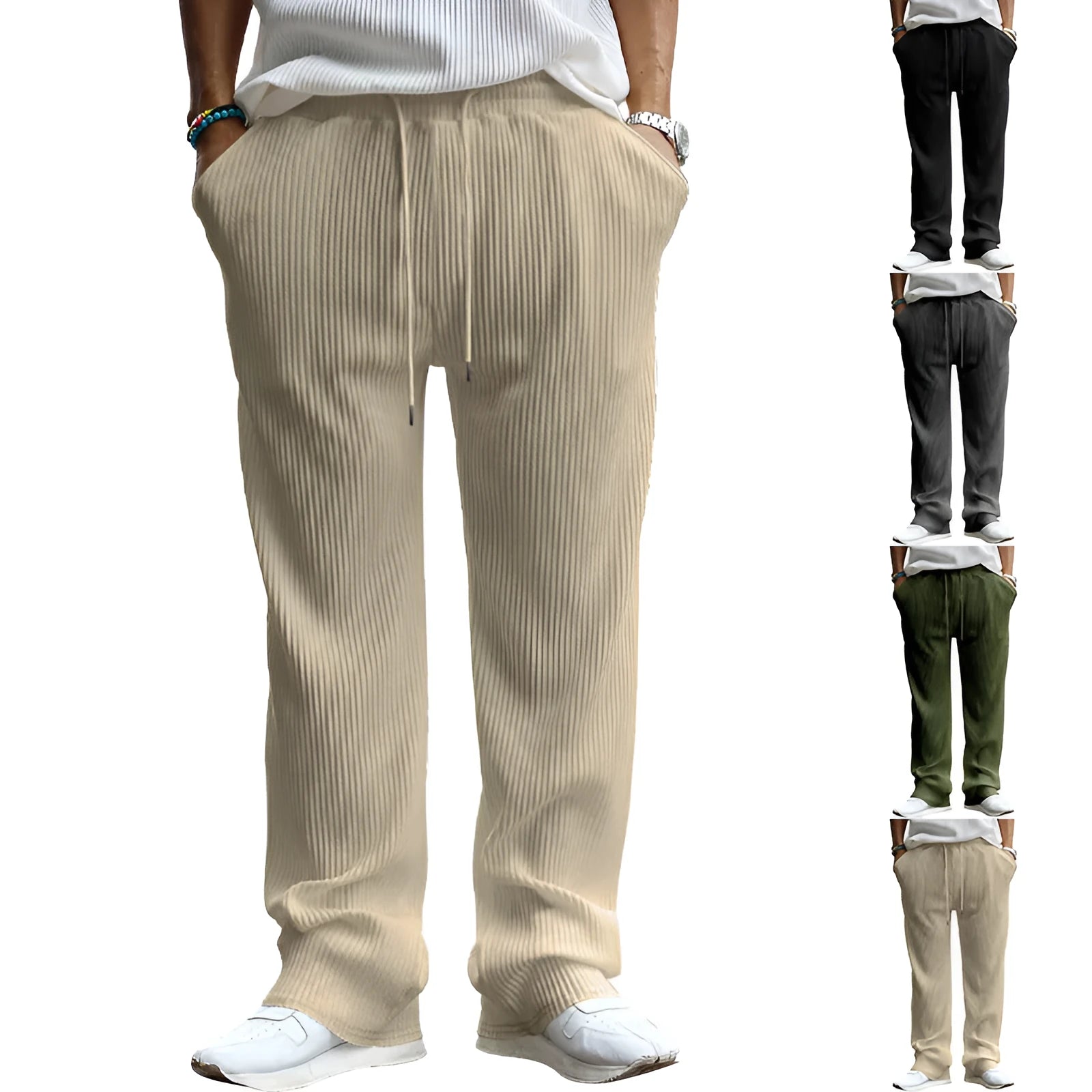 Men's loose-fit straight-leg casual trousers in a solid colour with a high waist.