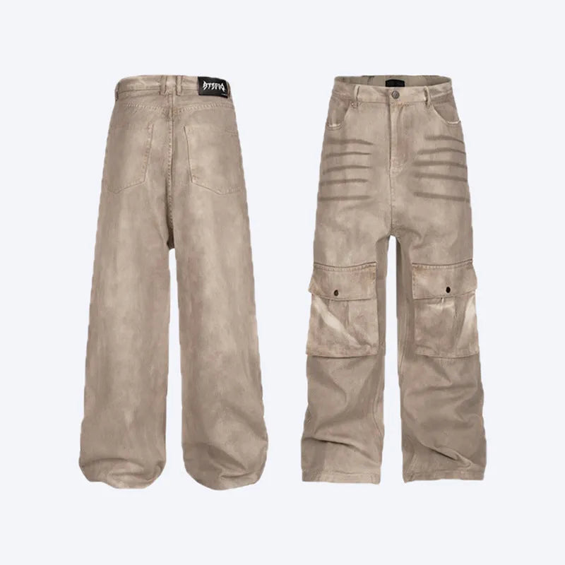 Marble dark loose A-line denim trousers with mid-waist design and zip placket opening