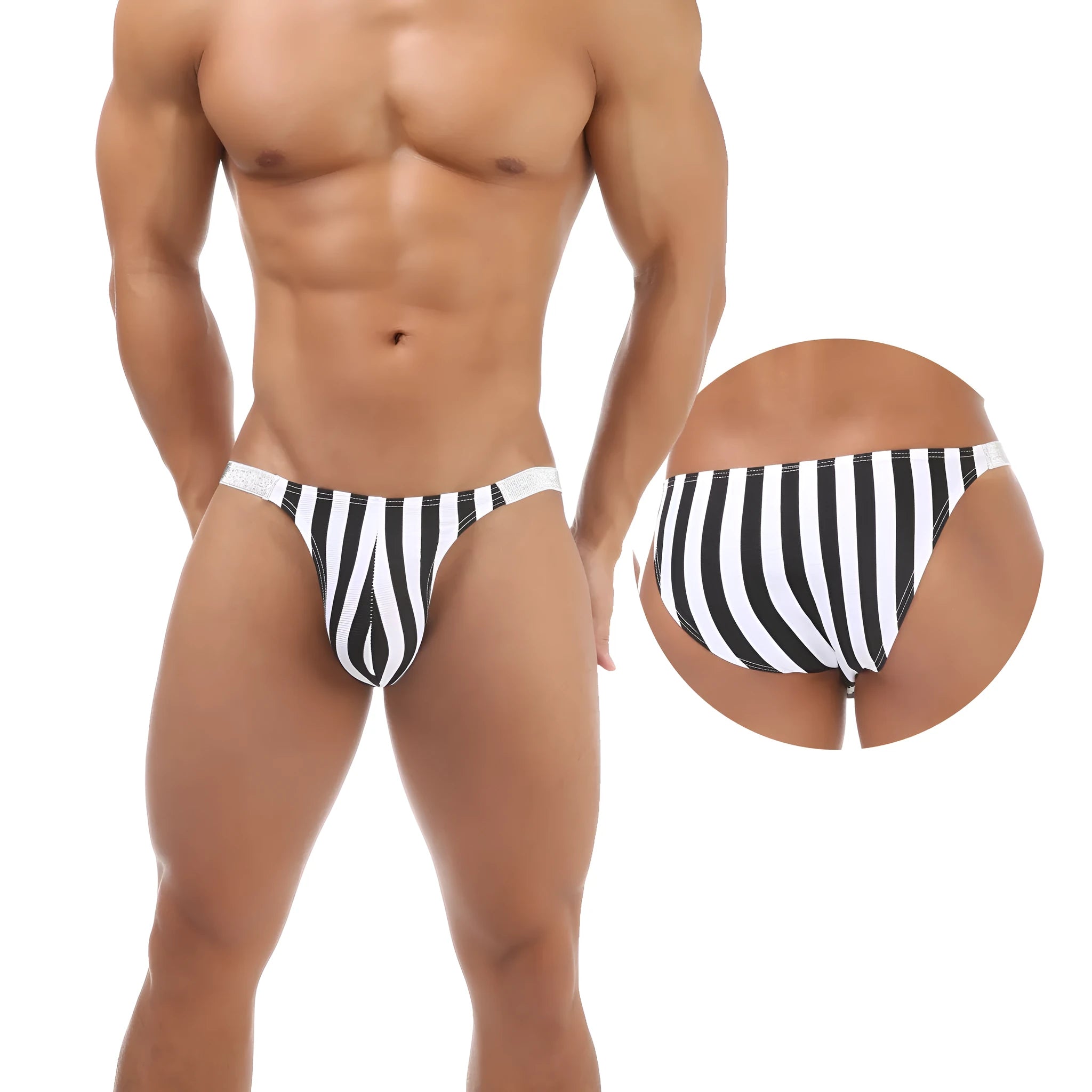 Men's zebra stripe nylon briefs with U pouch design and low waist styling