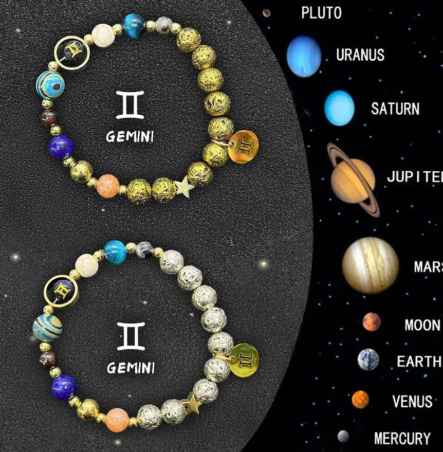 Set of two natural stone beaded bracelets with Chinese zodiac animal symbols on a background.
