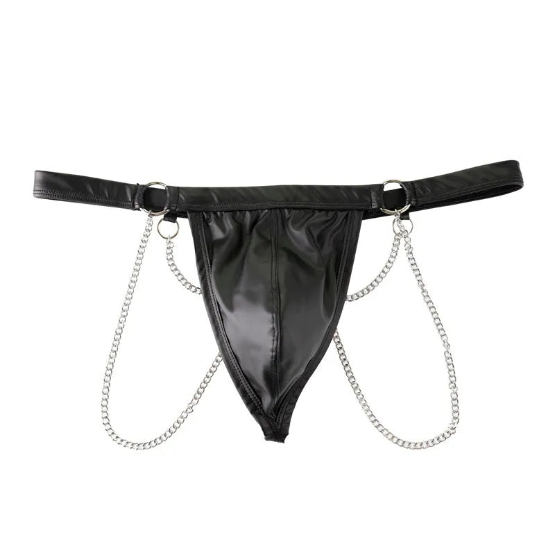 Black patent leather men's thong underwear with a decorative chain detail on the front.