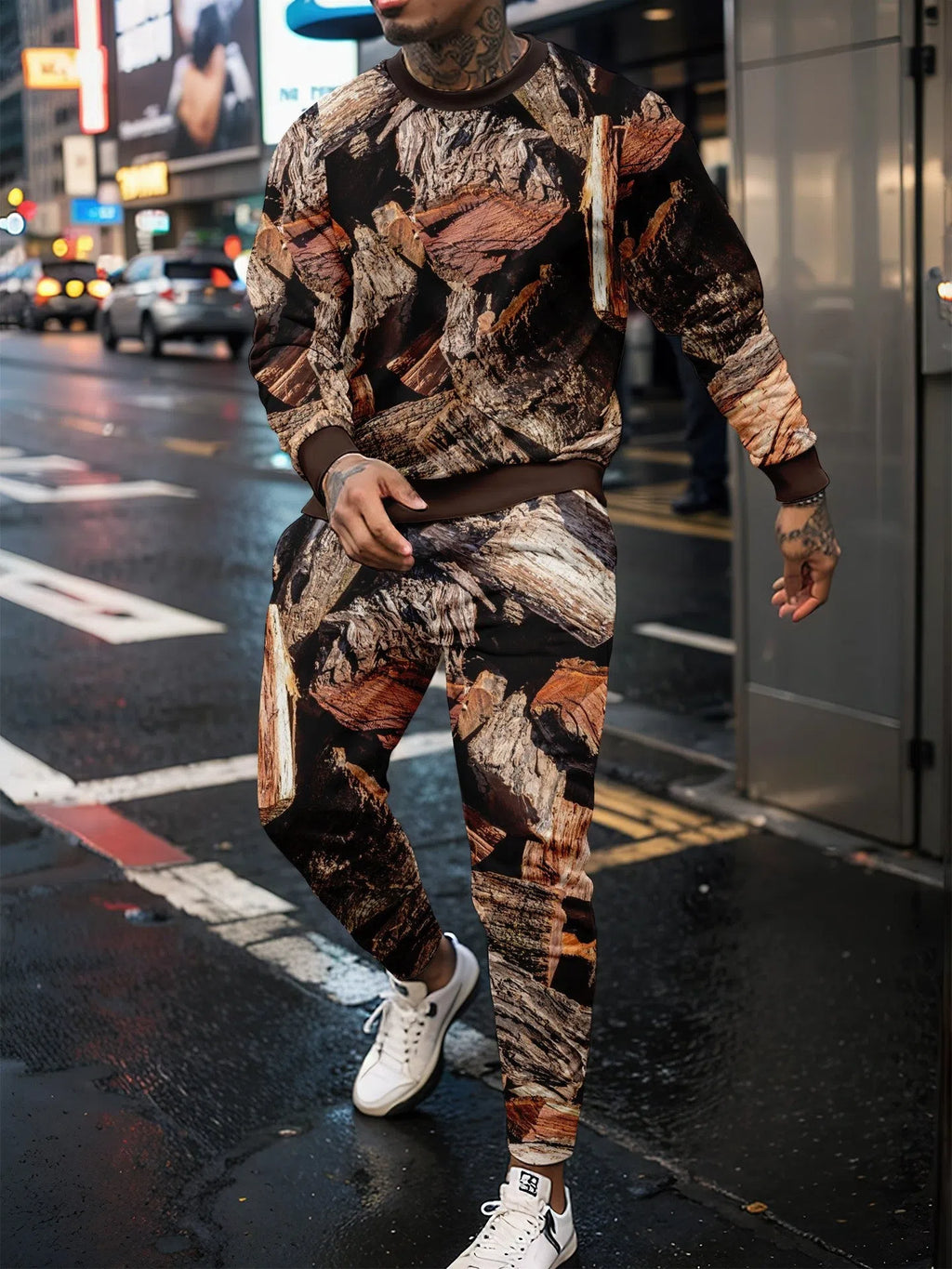 Jungle camouflage round neck sweater and long sleeve two-piece sportswear set with trousers