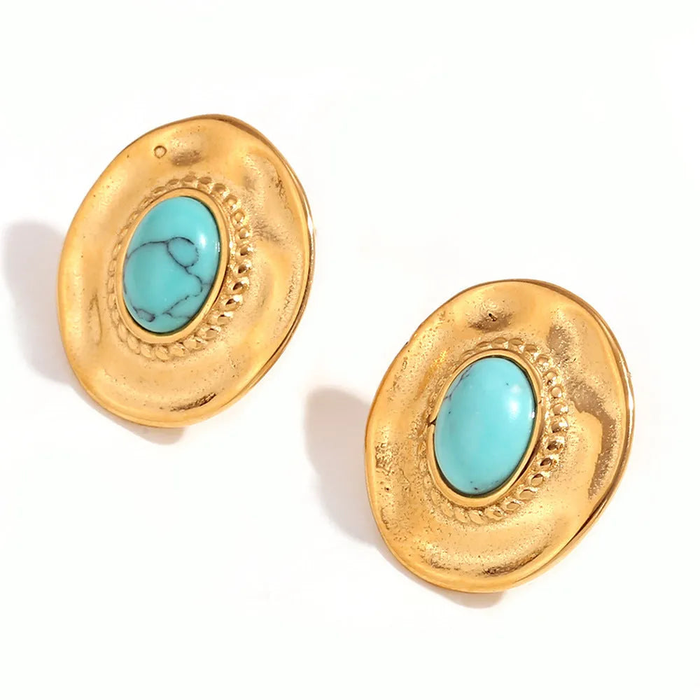 Stainless steel oval stud earrings with electroplated geometric design, women's retro high-grade jewellery