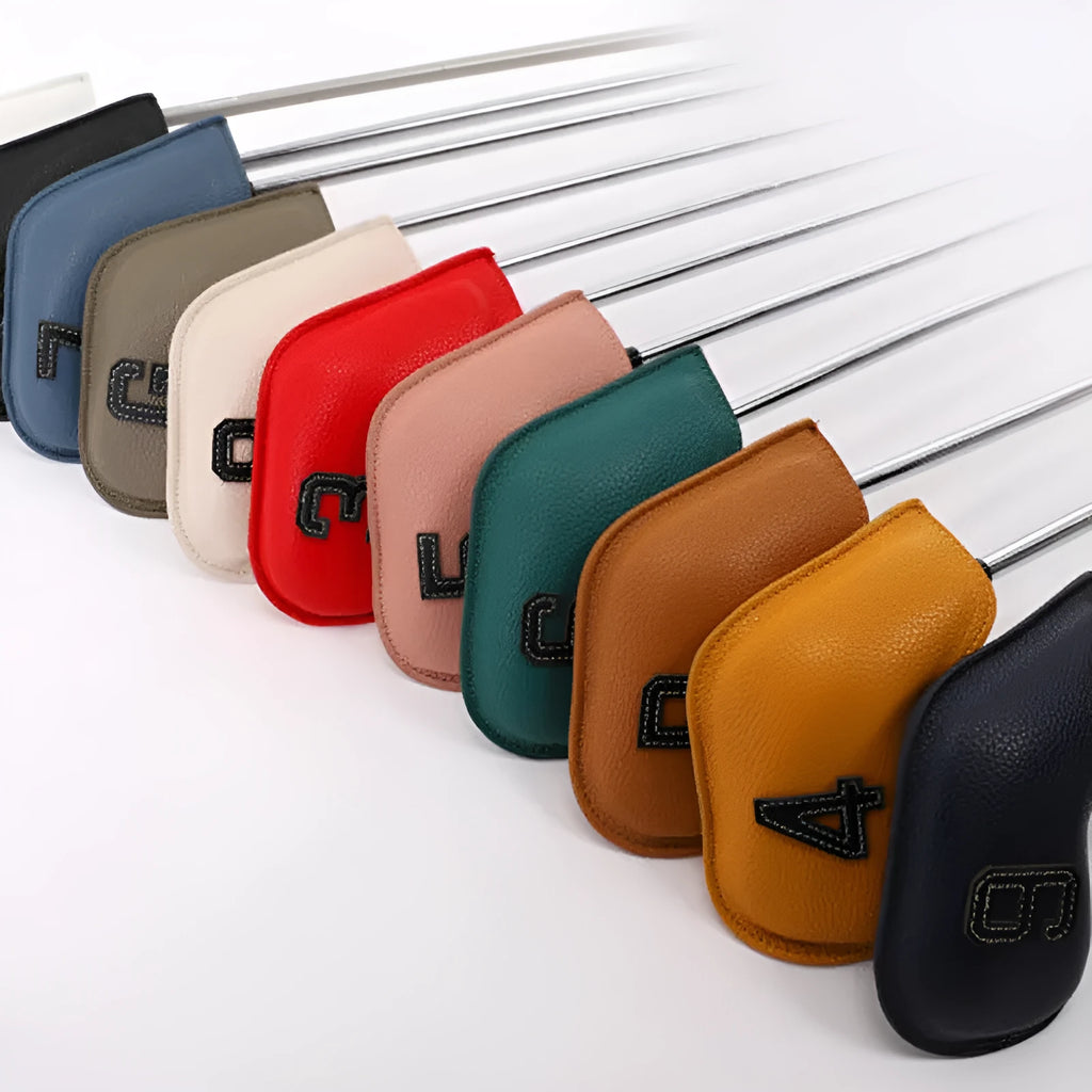 Set of 10 digitally printed PU leather golf club head covers in assorted colours.