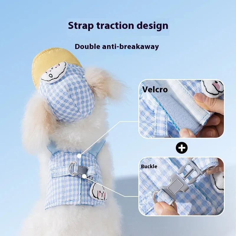 Blue puppy three-piece set including sunshade hat, anti-strangulation chest strap, and hand-holding rope made of bubble cotton