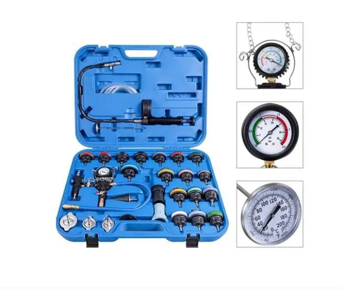 28-piece blue automotive radiator pressure testing kit with vacuum purge and refill tools