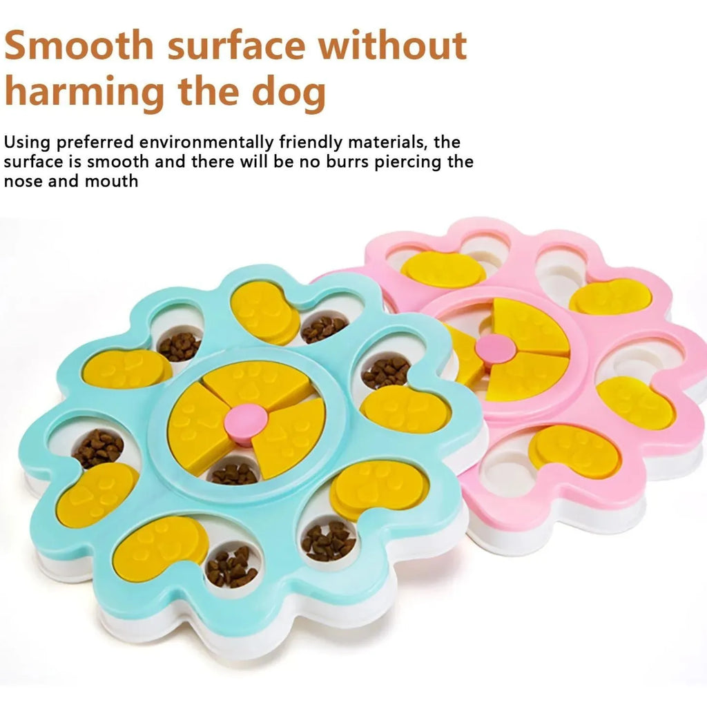 Flower-shaped blue dog puzzle slow bowl with multiple feeding compartments