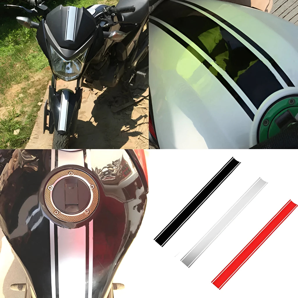 Motorcycle reflective pinstripe sticker measuring 50cm by 4.5cm in four colour options