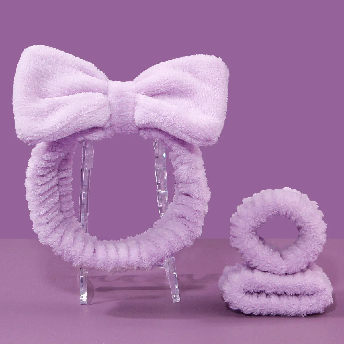 Facial brush set with coral fleece headband and nylon bristles in purple, grey, white or pink