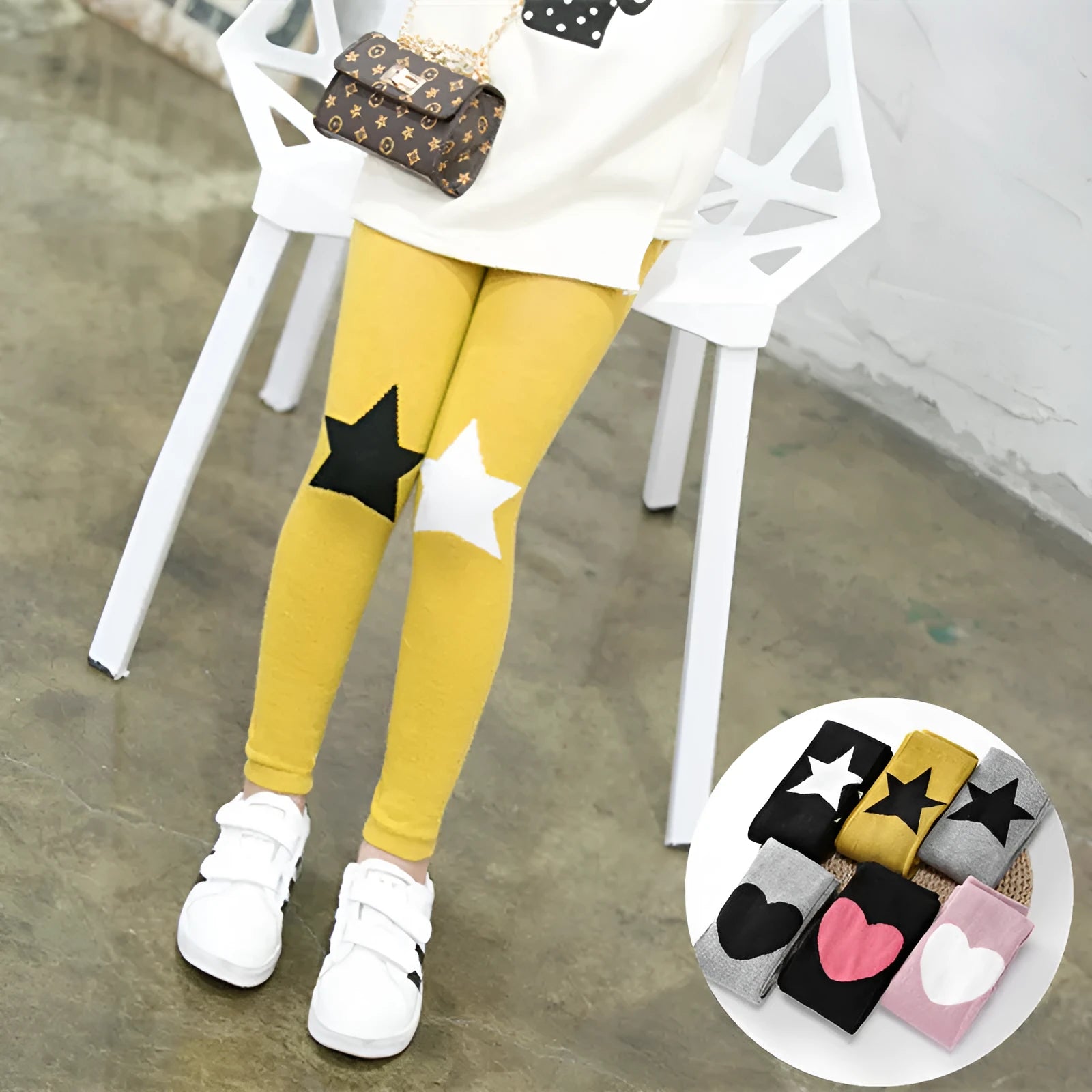 Girl's cotton leggings with five-pointed star and heart patterns in solid colour design