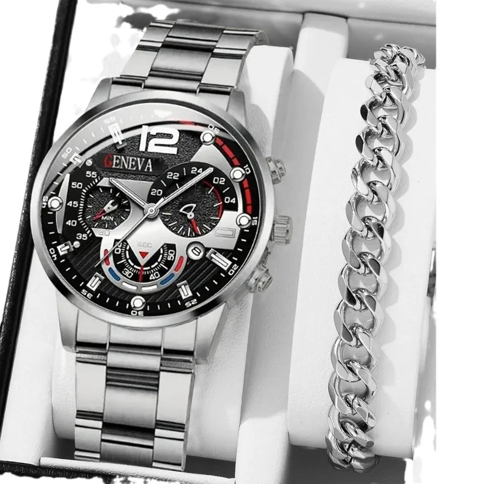 Men's business watch set with steel belt, necklace, bracelet, and ring in silver finish