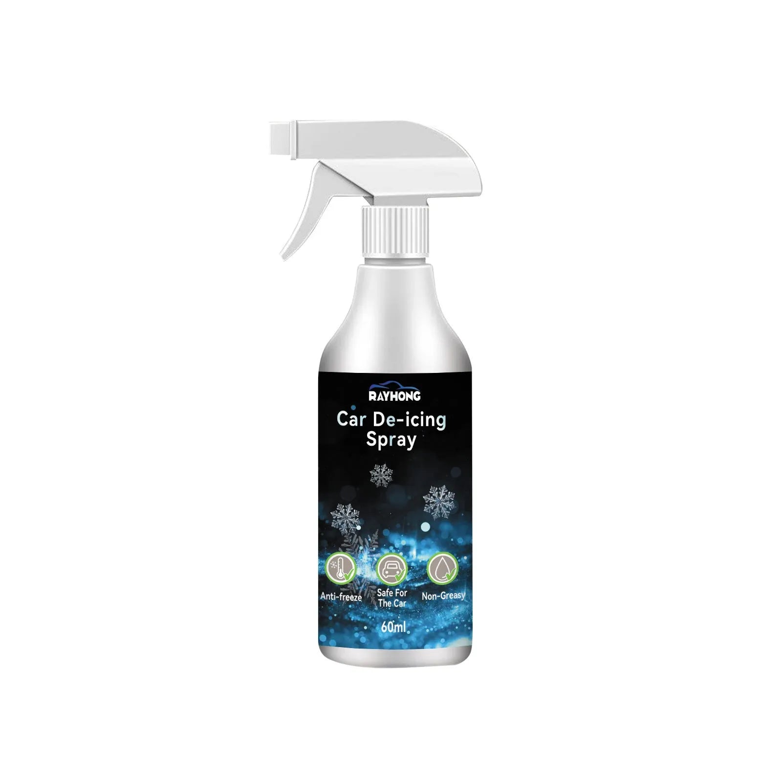 60ml bottle of car windscreen de-icing spray and a snow remover tool on a white background.