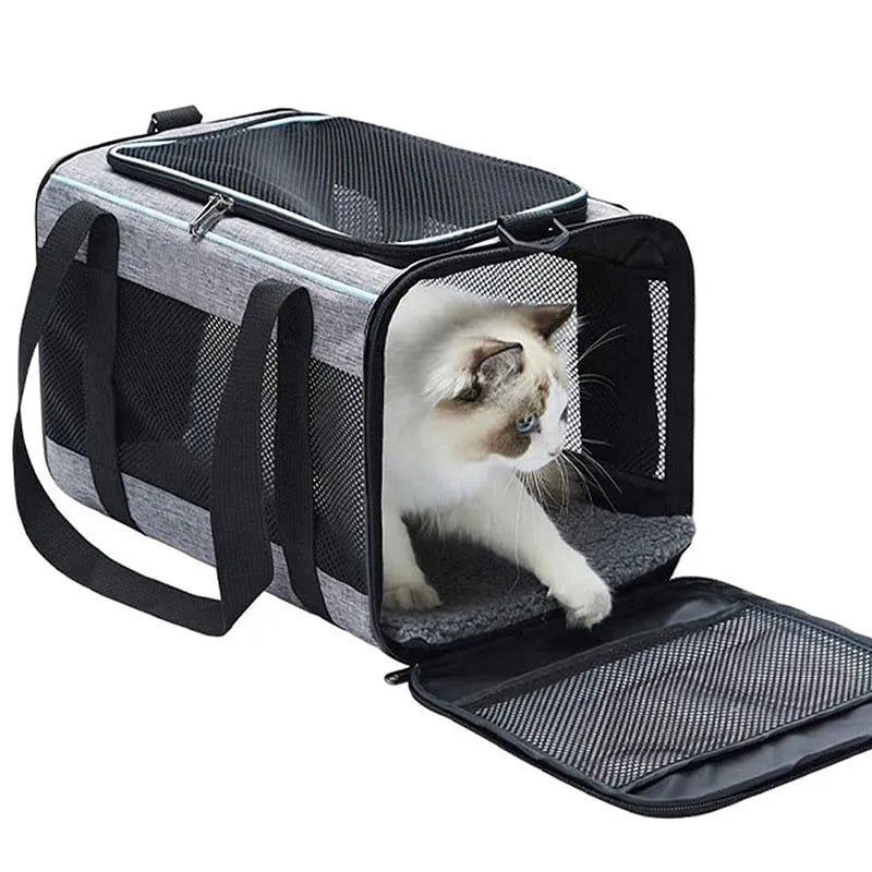 Portable grey and blue edge Oxford fabric pet bag for dogs and cats.