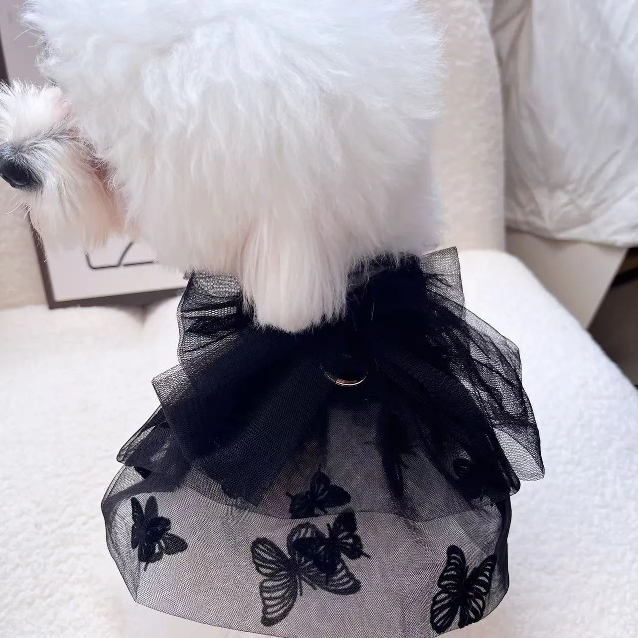 Black gauze princess tulle skirt for a small dog, showing lightweight sheer fabric and formal style.