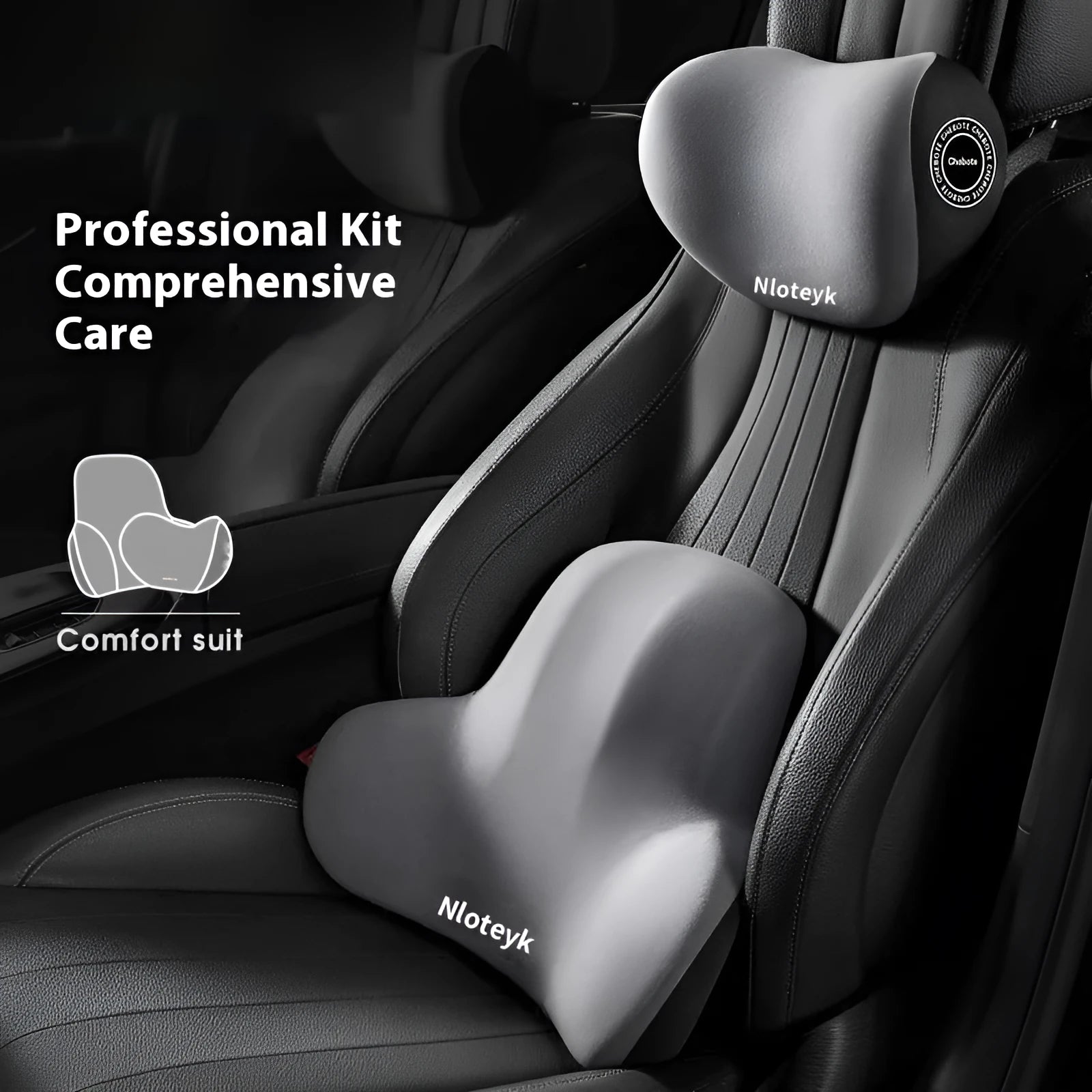 Four Seasons Universal Car Memory Foam Waist Cushion set with headrest lumbar support pillows in black suede