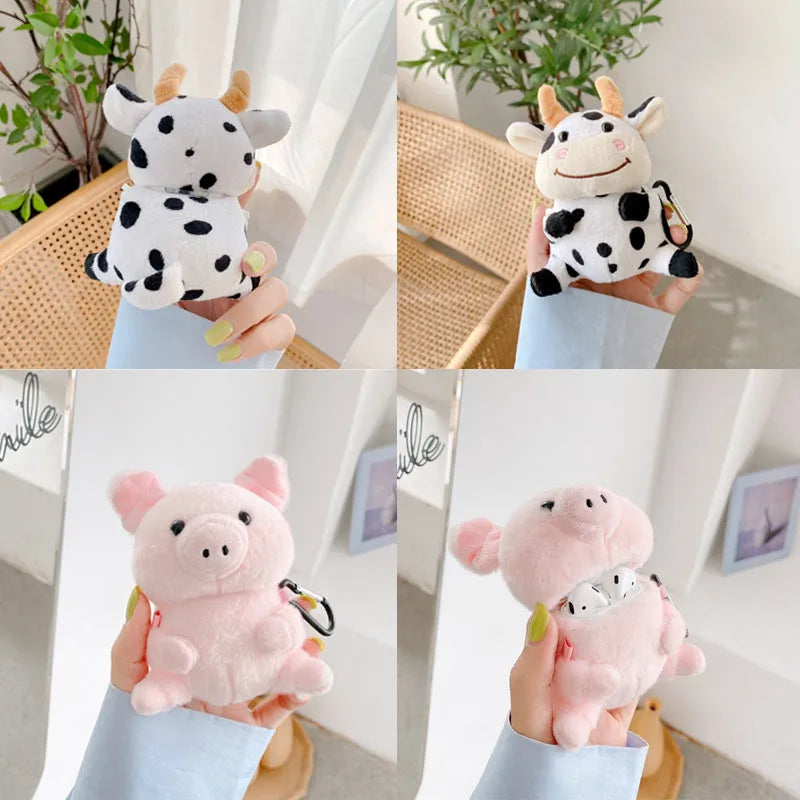 Pink pig cartoon plush PC back cover earphone case for Apple AirPods 1 and 2