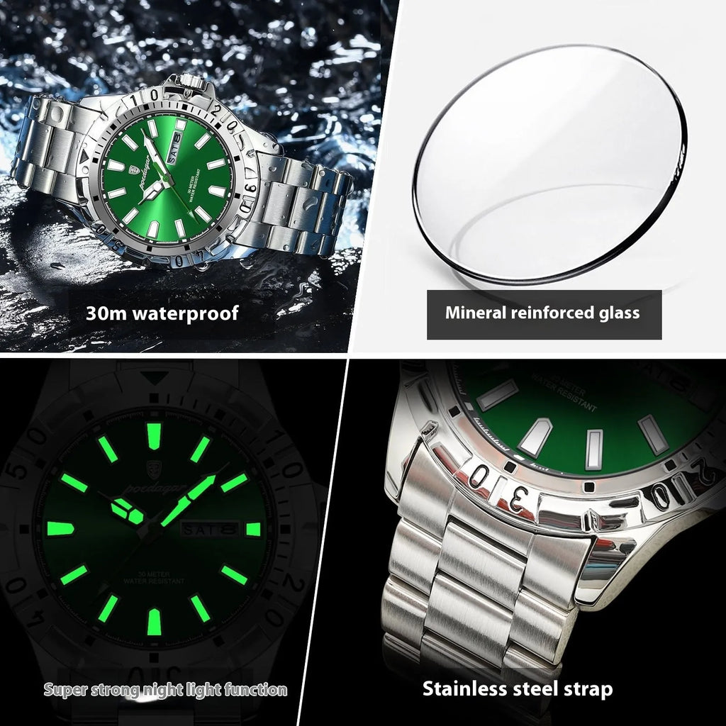Swiss men's waterproof luminous watch with metal case and steel belt in multiple colour options