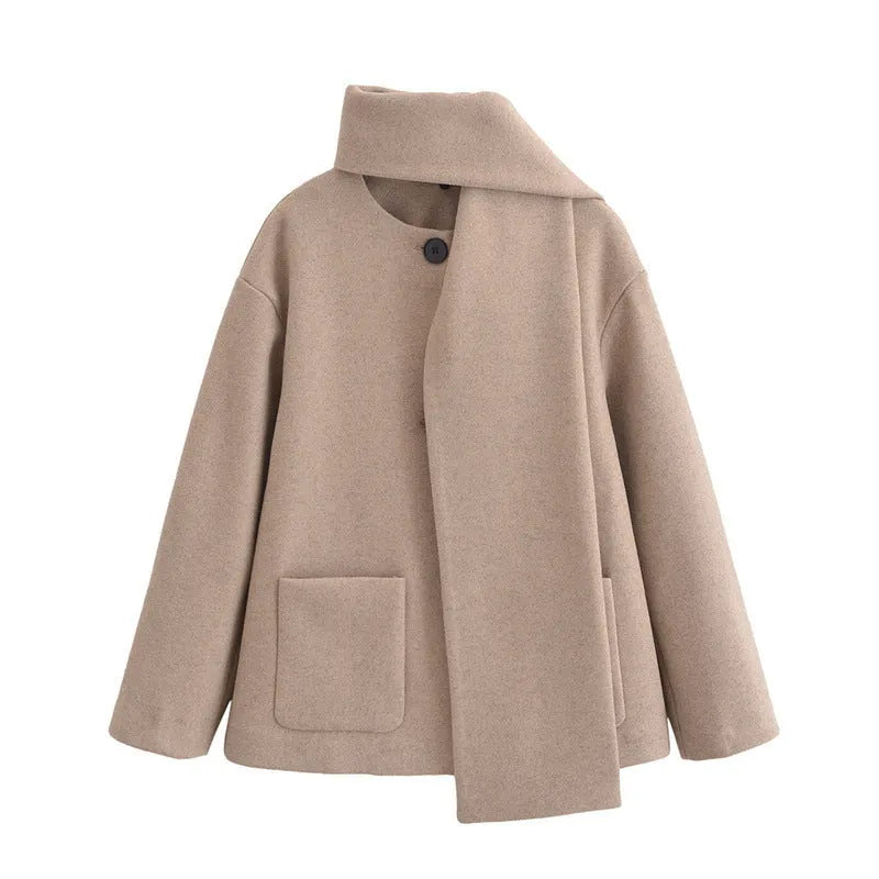 Women's round neck PU coat with zip fastening and patchwork splicing, 50cm length, in camel