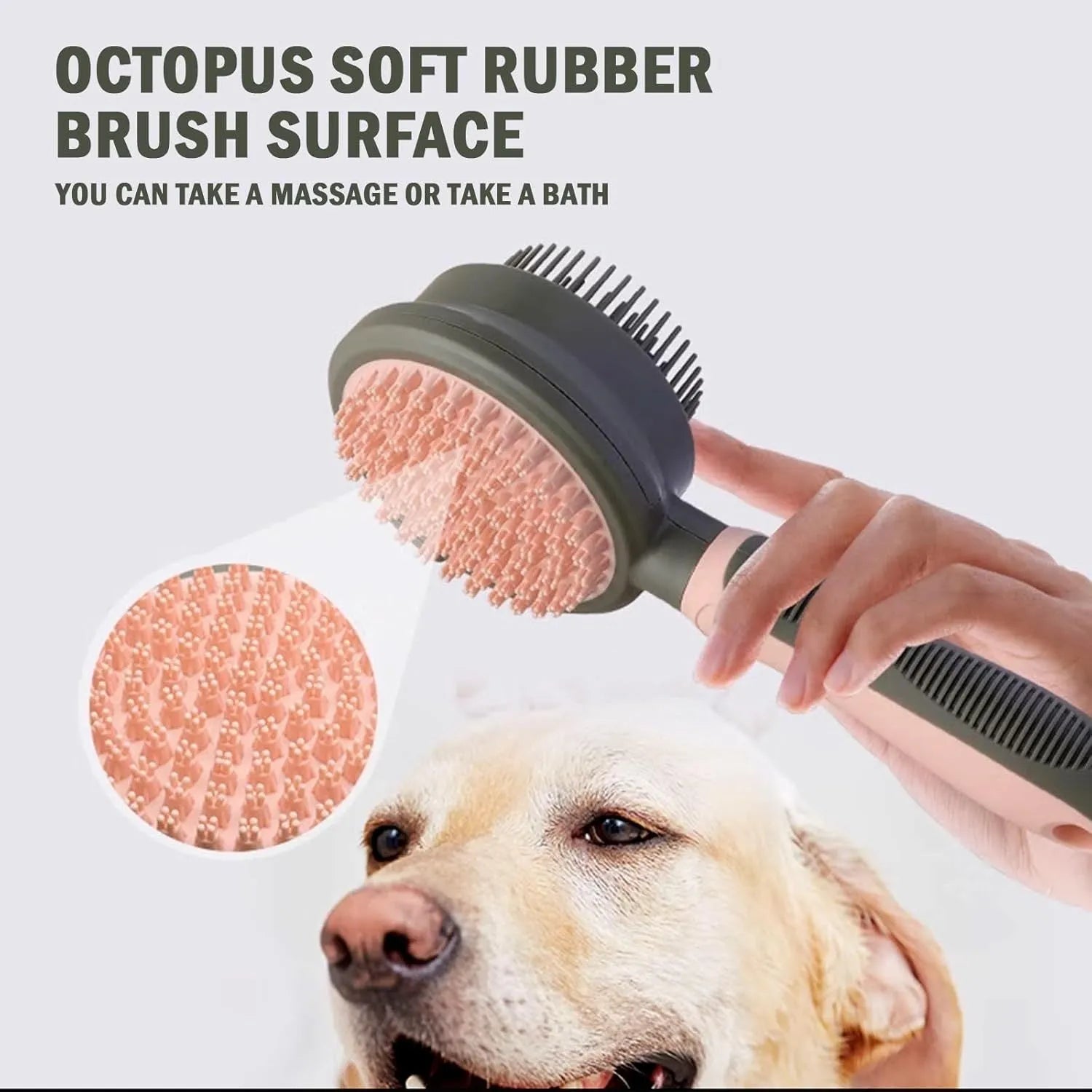 Double-sided cat grooming brush with slicker brush on one side and flea comb on other, showing release button mechanism