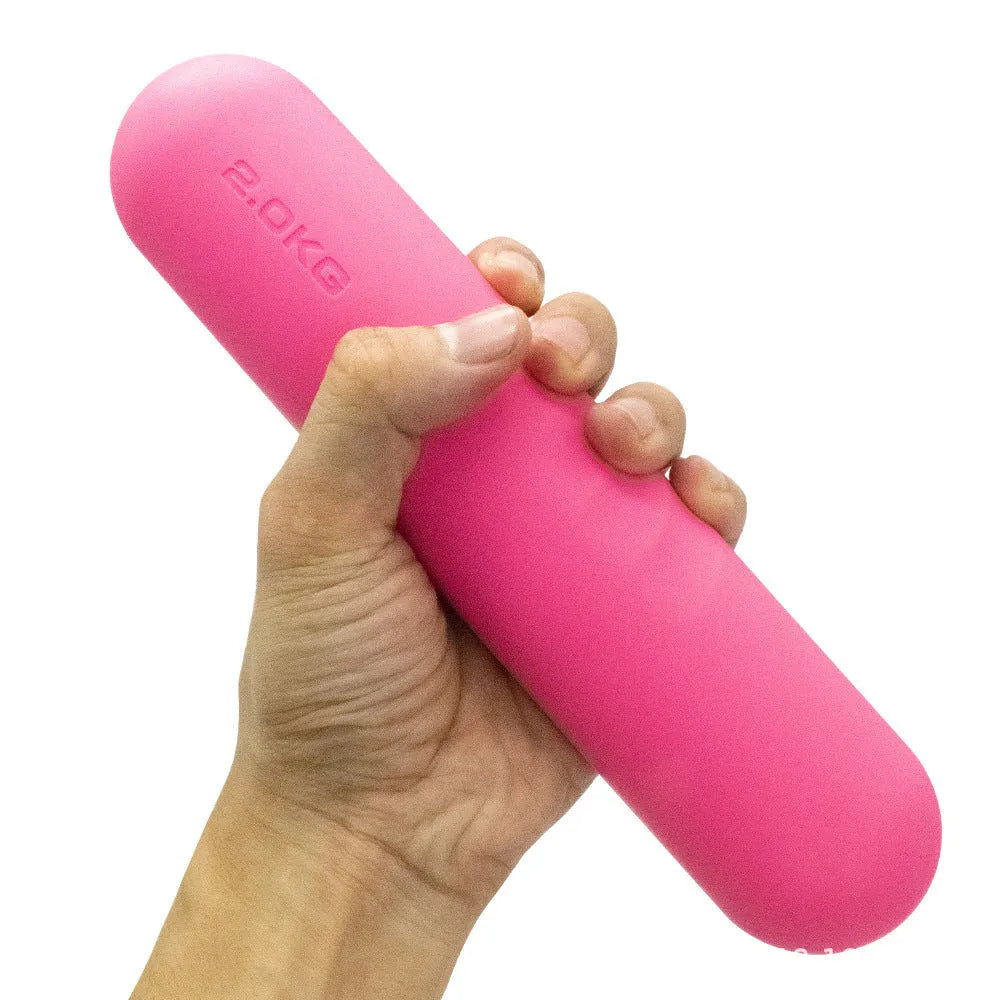 A hand-drawn dumbbell stick with a silicone non-slip edge, shown in different colour and weight options.