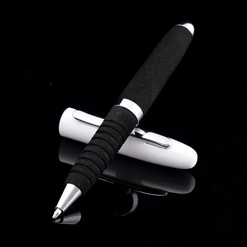 Compact silver and black ballpoint pen with a 1.0mm metal tip and a textured EVA cap.