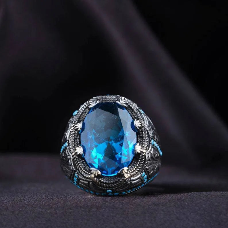 Grandmother Blue Zircon geometric couple ring in antique silver on alloy band.