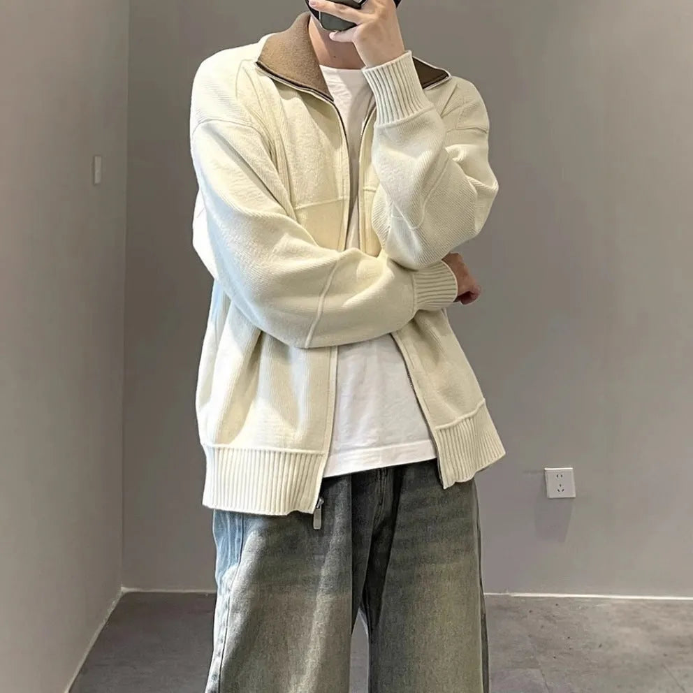 Barne style contrast colour knitted cardigan for men in apricot, long sleeves, loose fit, retro cardigan sweater