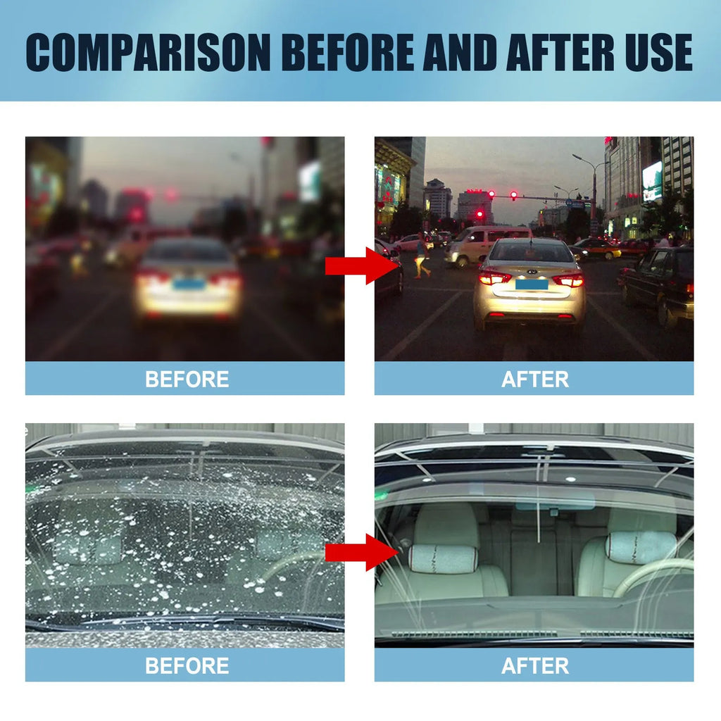 Blue car glass oil film remover bottle with a soft sponge applicator for cleaning windscreens and windows.