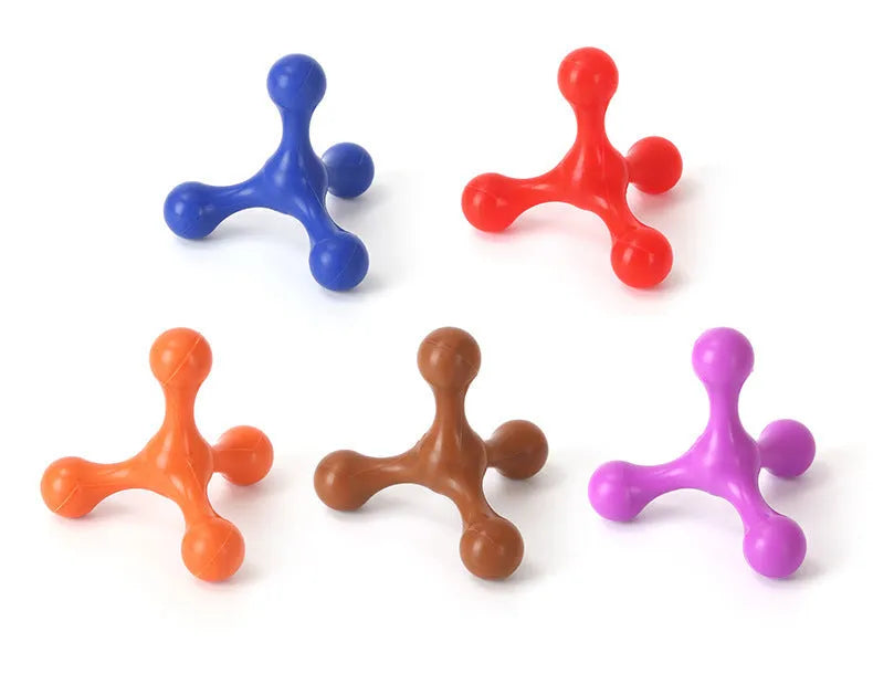 Three-legged silicone chew toy for dogs in blue, green, purple, red colours