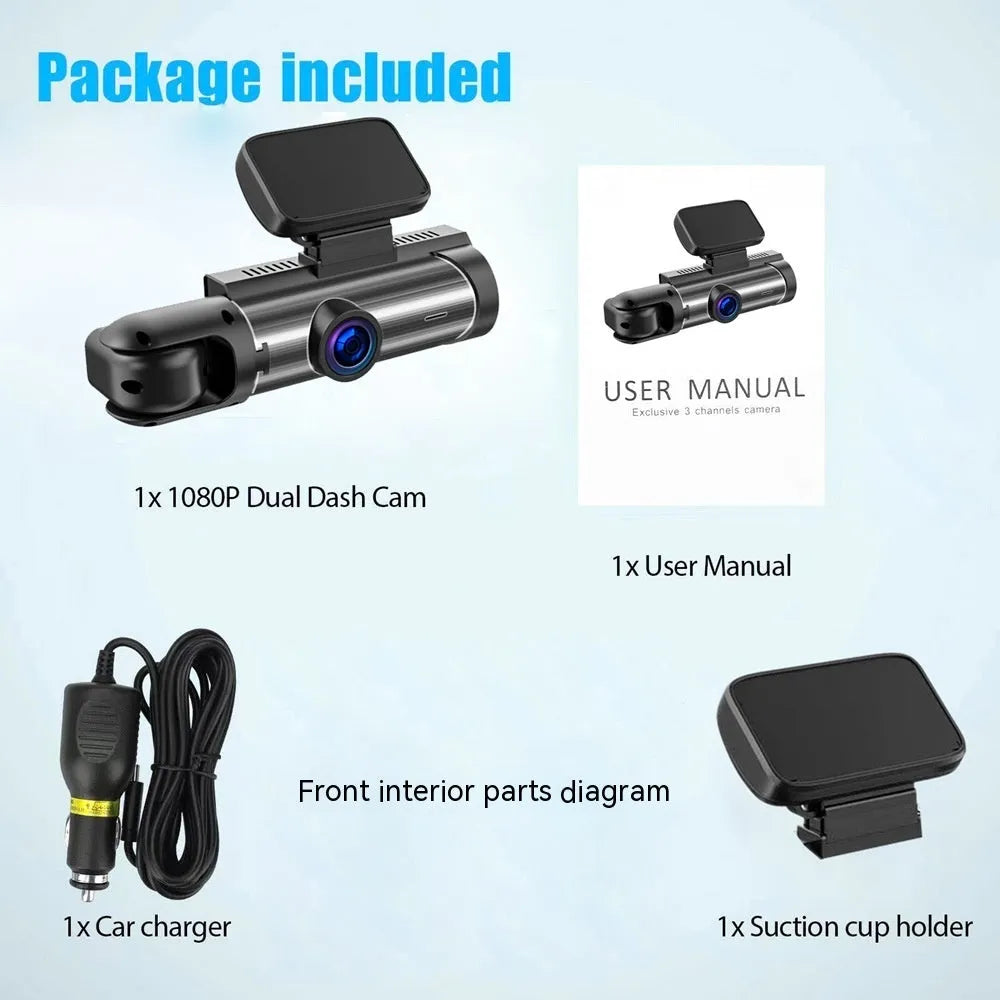 Dual-lens HD driving recorder with 3.5-inch LCD screen mounted on car windshield.