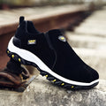 Men's non-slip hiking shoes with artificial PU upper and thick plastic sole on outdoor trail