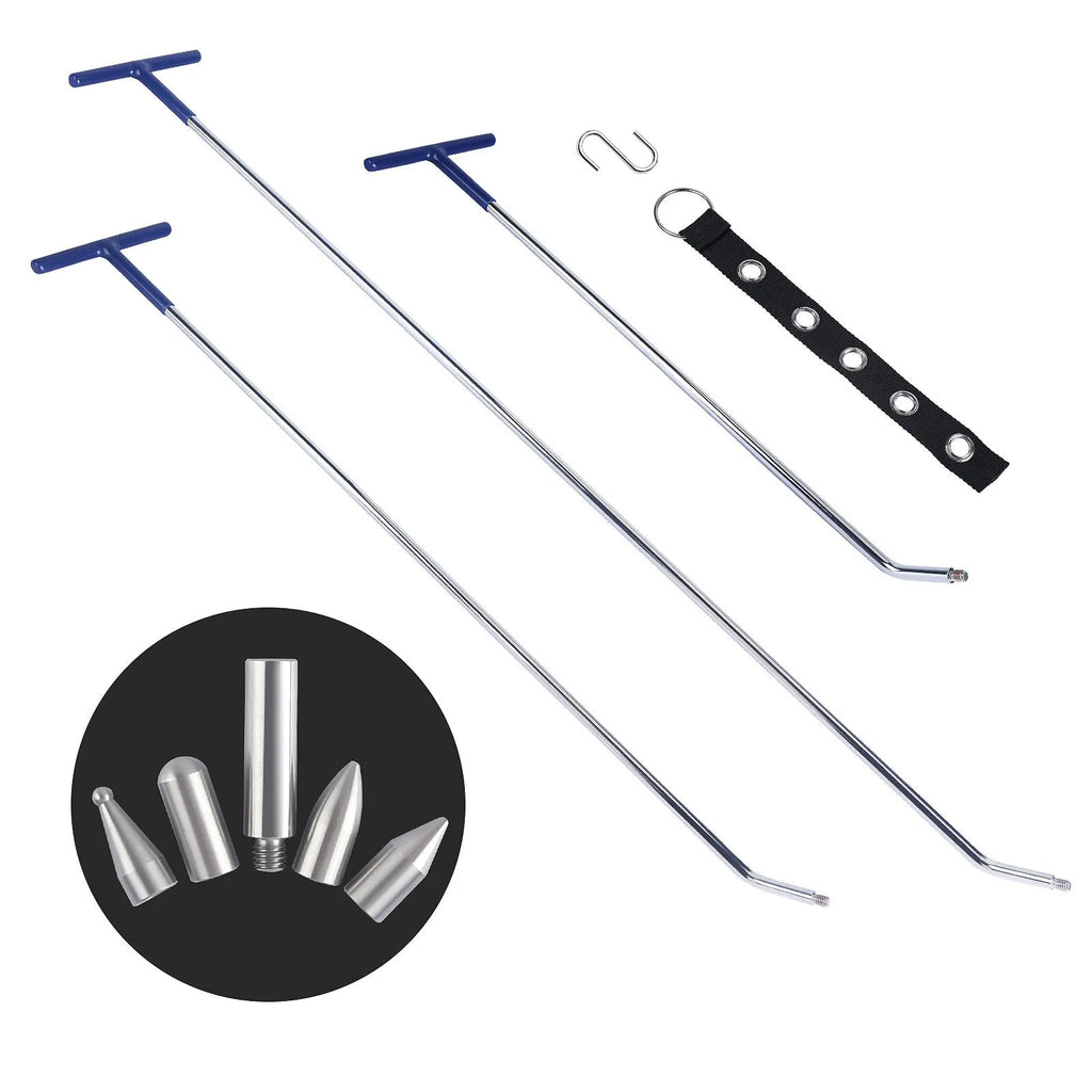 Three alloy steel car dent repair crowbars and hooks on a workshop bench.
