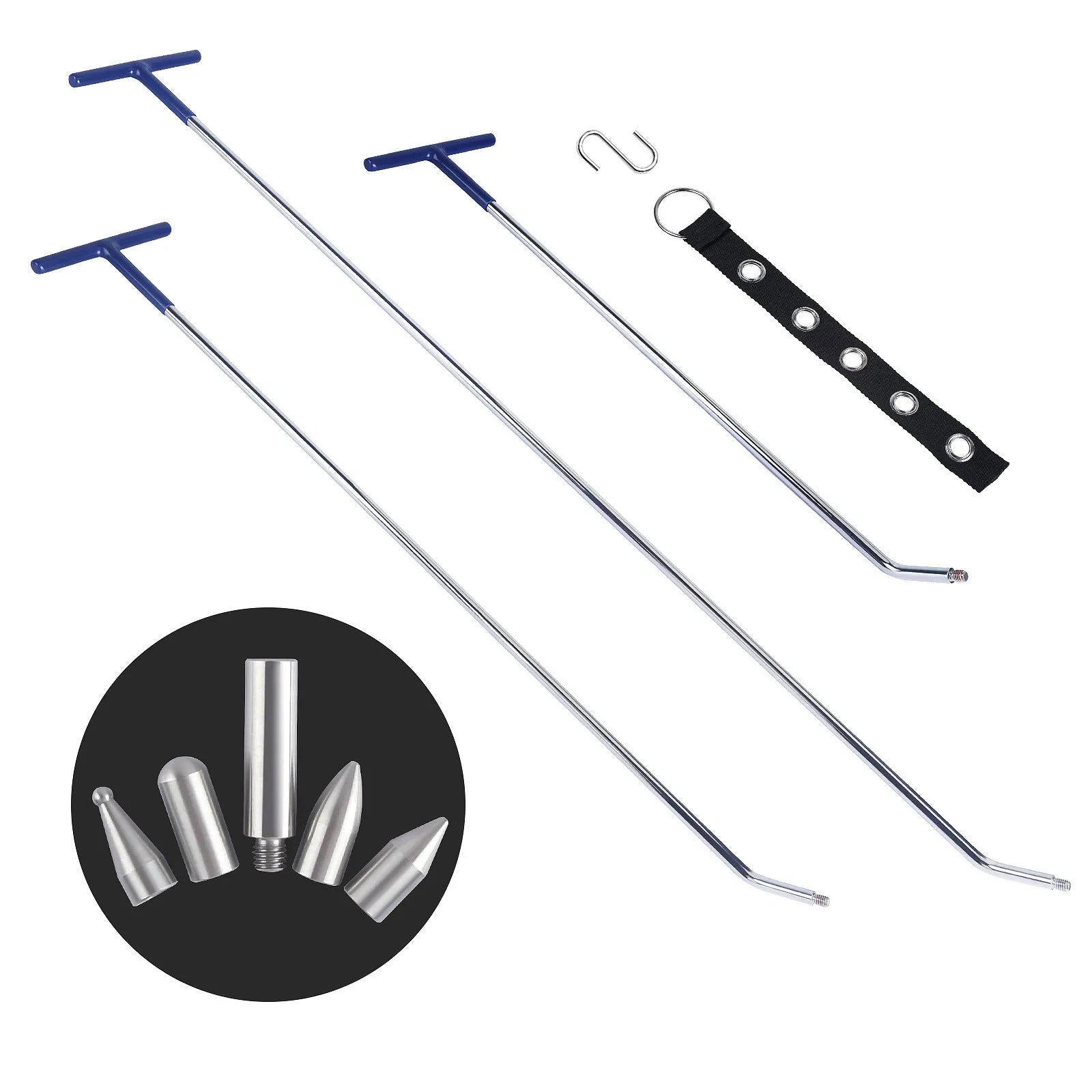 Three alloy steel car dent repair crowbars and hooks on a workshop bench.