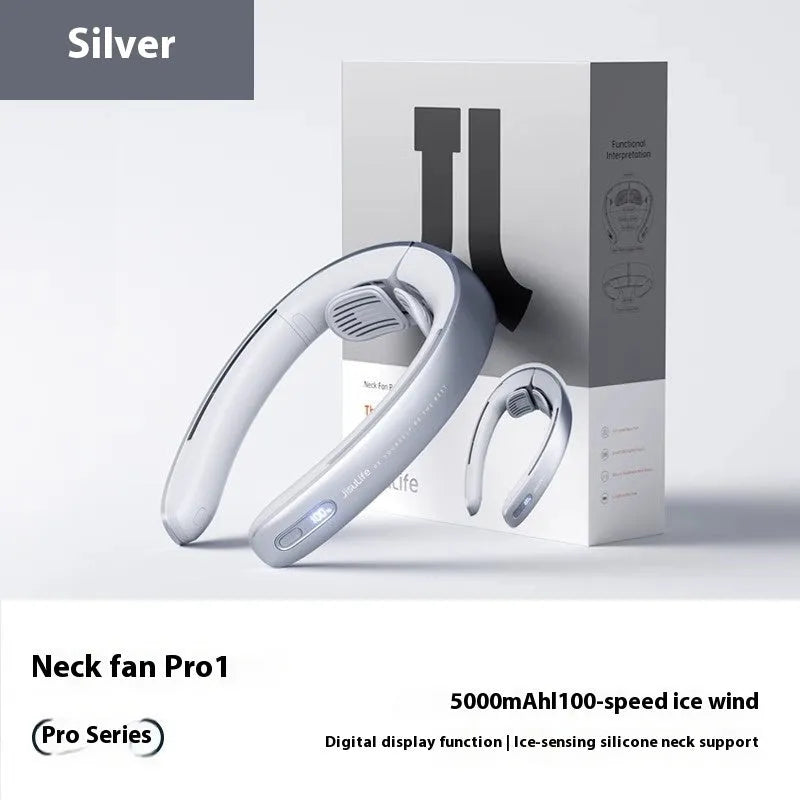 Silver grey no-blade hanging neck portable fan with USB charging