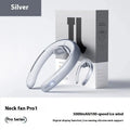 Silver grey no-blade hanging neck portable fan with USB charging