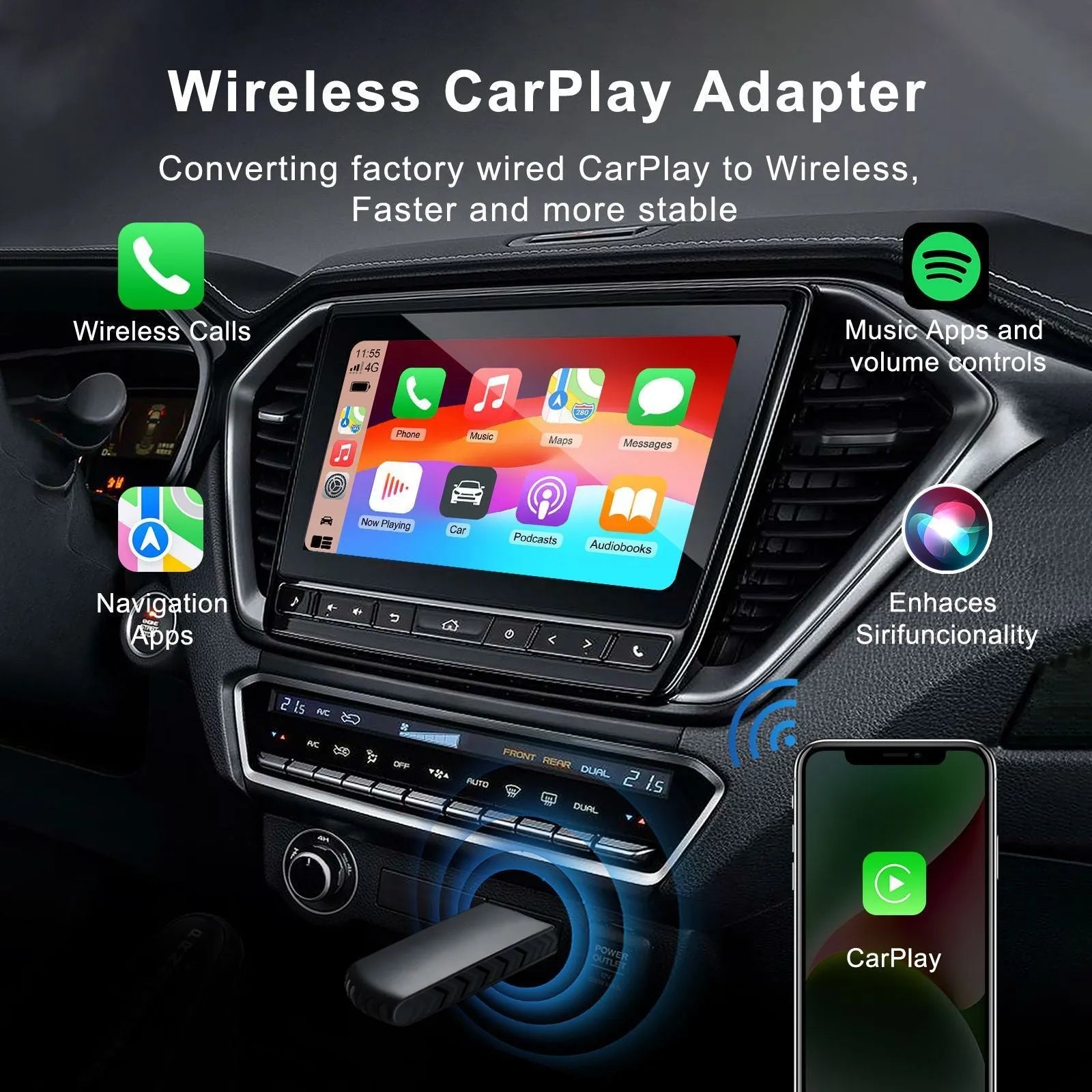 Wireless CarPlay upgrade module for wired factory systems, 40x20x12mm, ABS PC