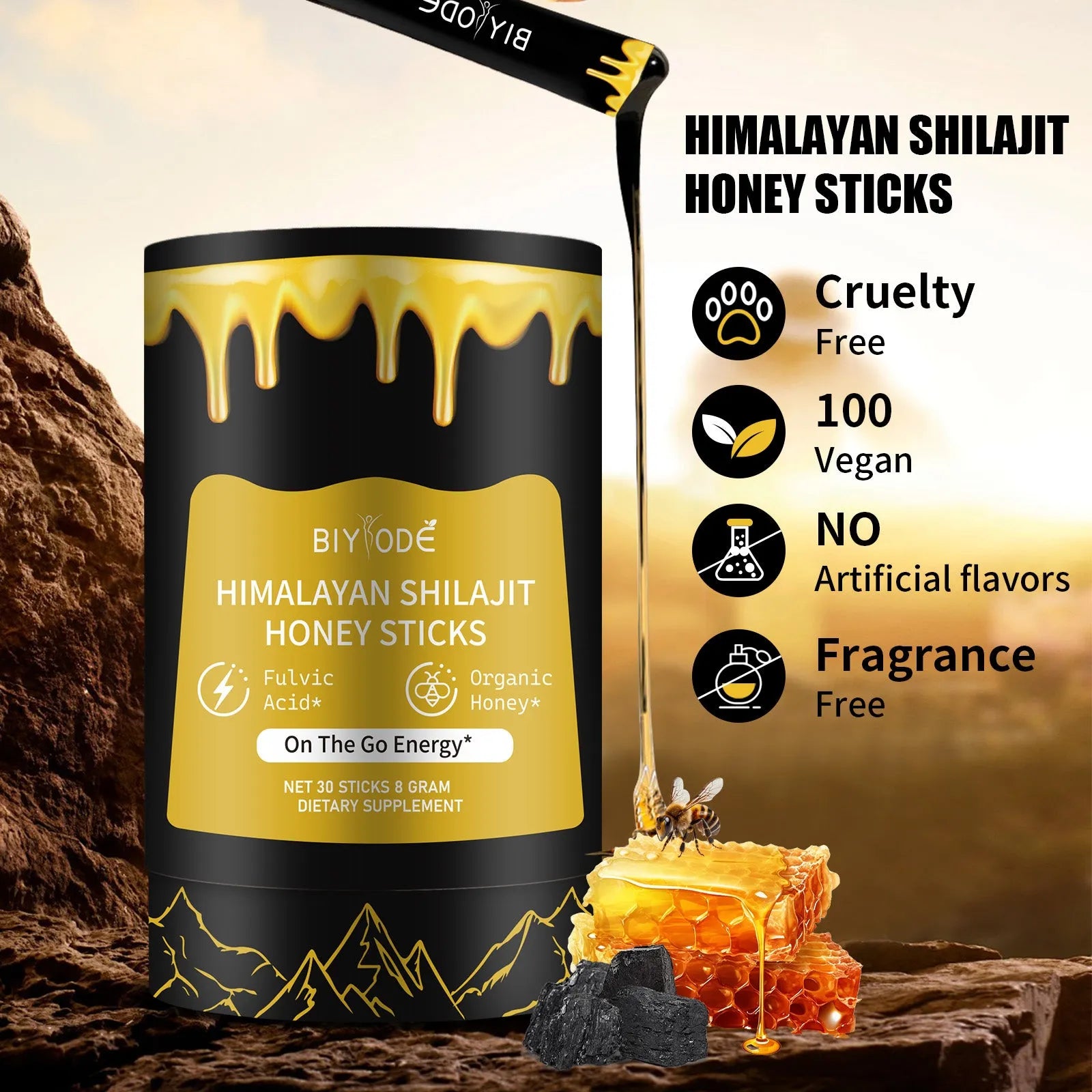 Shilajit honey sticks in bottle with gold colour resin sticks for daily energy supplement