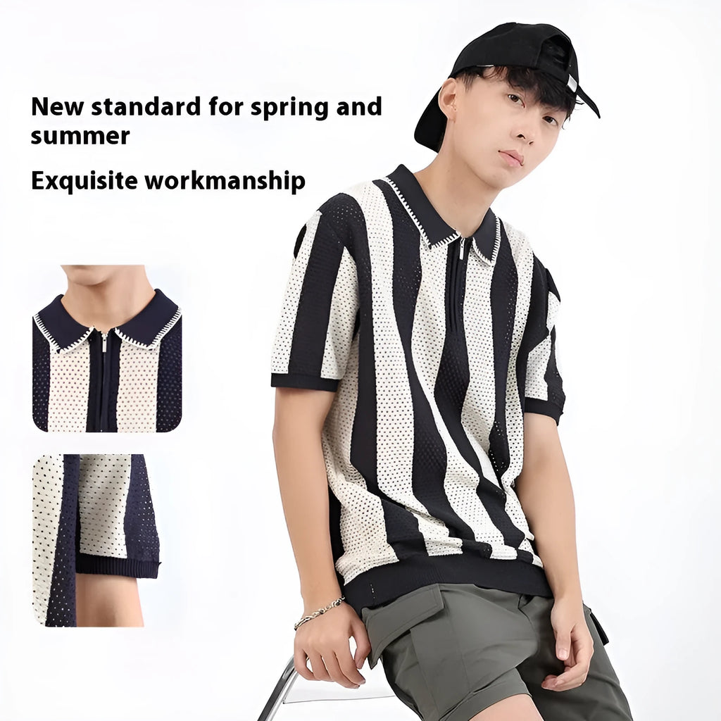Men's striped short sleeve summer sweater with zipper decorations in viscose fabric