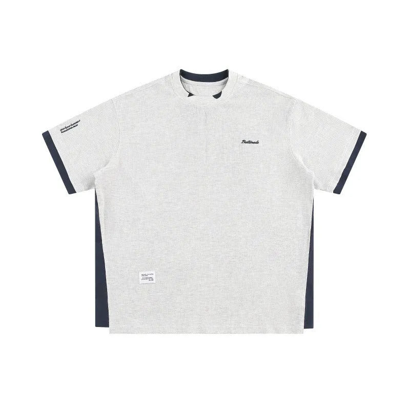 Men's waffle-textured short-sleeved t-shirt with retro alphabet embroidery in loose fit casual style