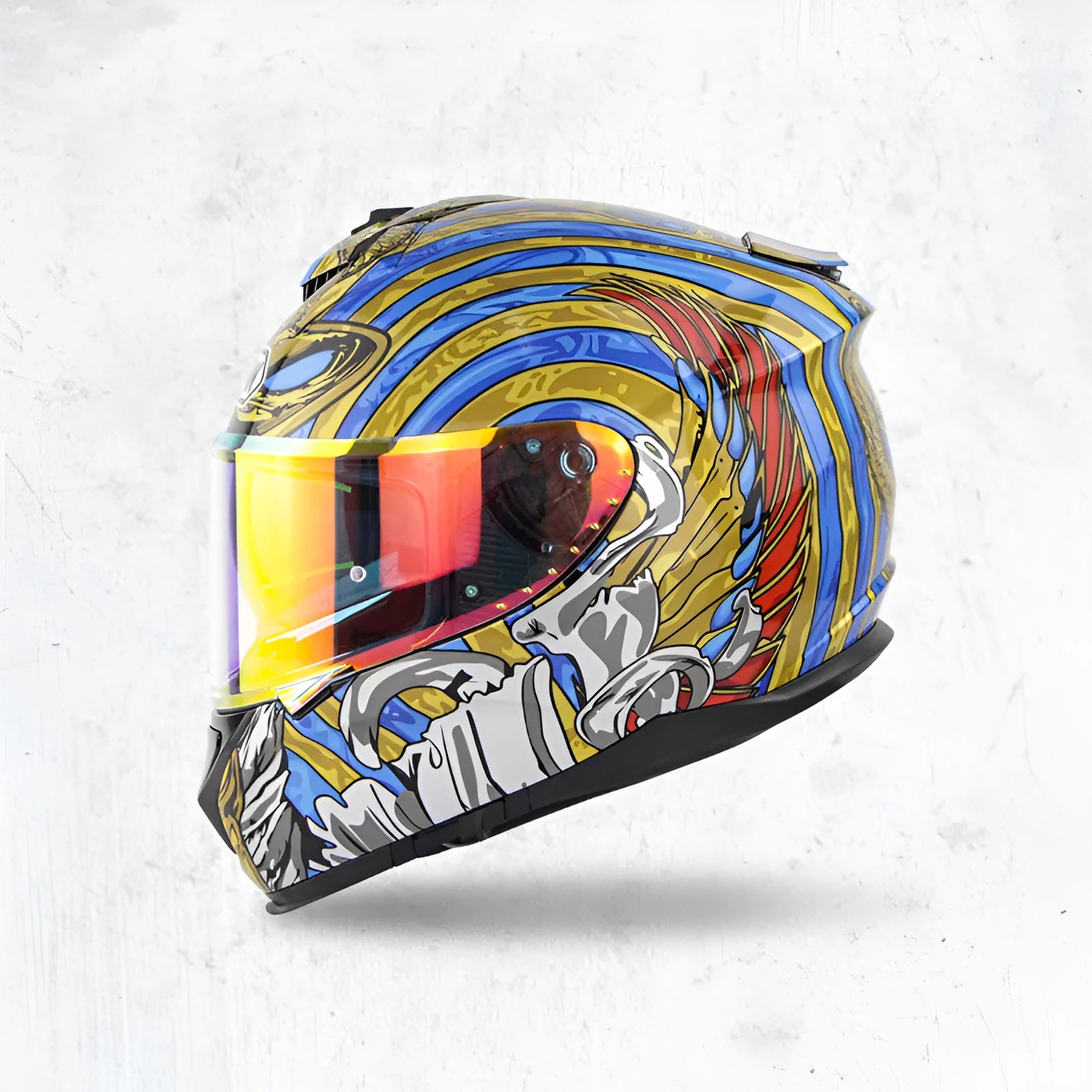 Motorcycle full face helmet with double lens in multiple colour options including Python and matte black variants