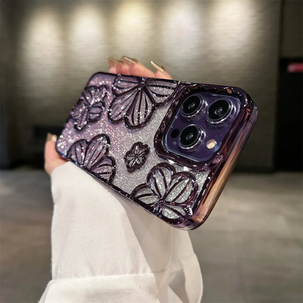 Electroplating glitter flower phone case soft TPU shell for Apple iPhone silver background